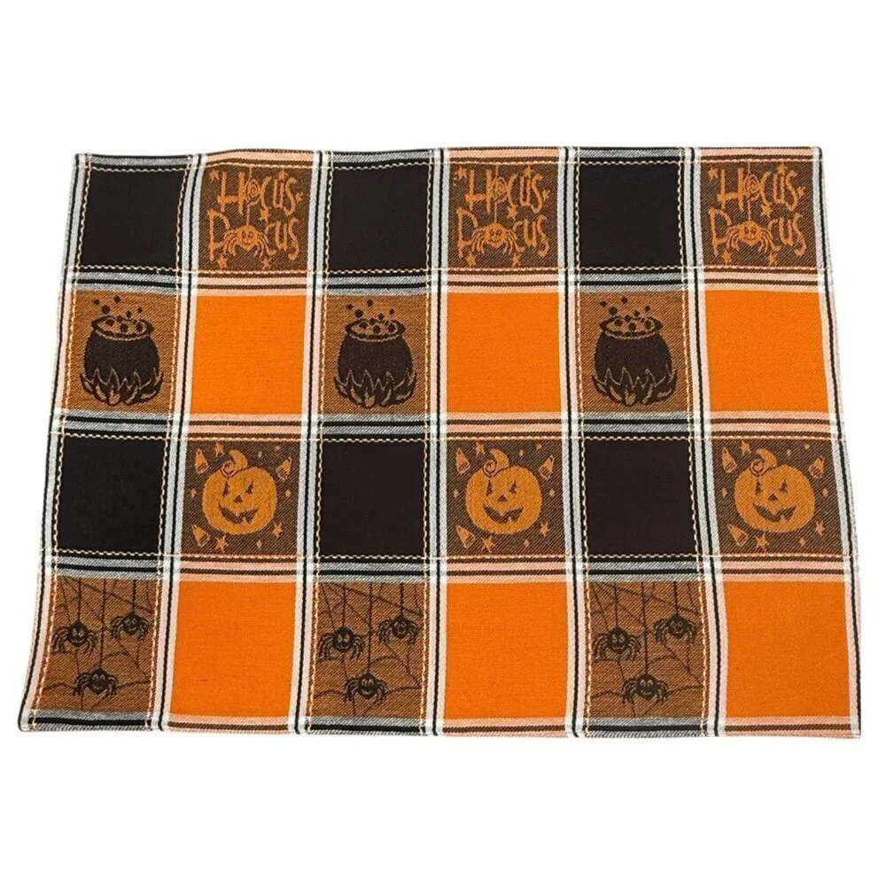 Halloween Placemats Set of Four Pumpkin Orange Black Check Cotton Tapestry
